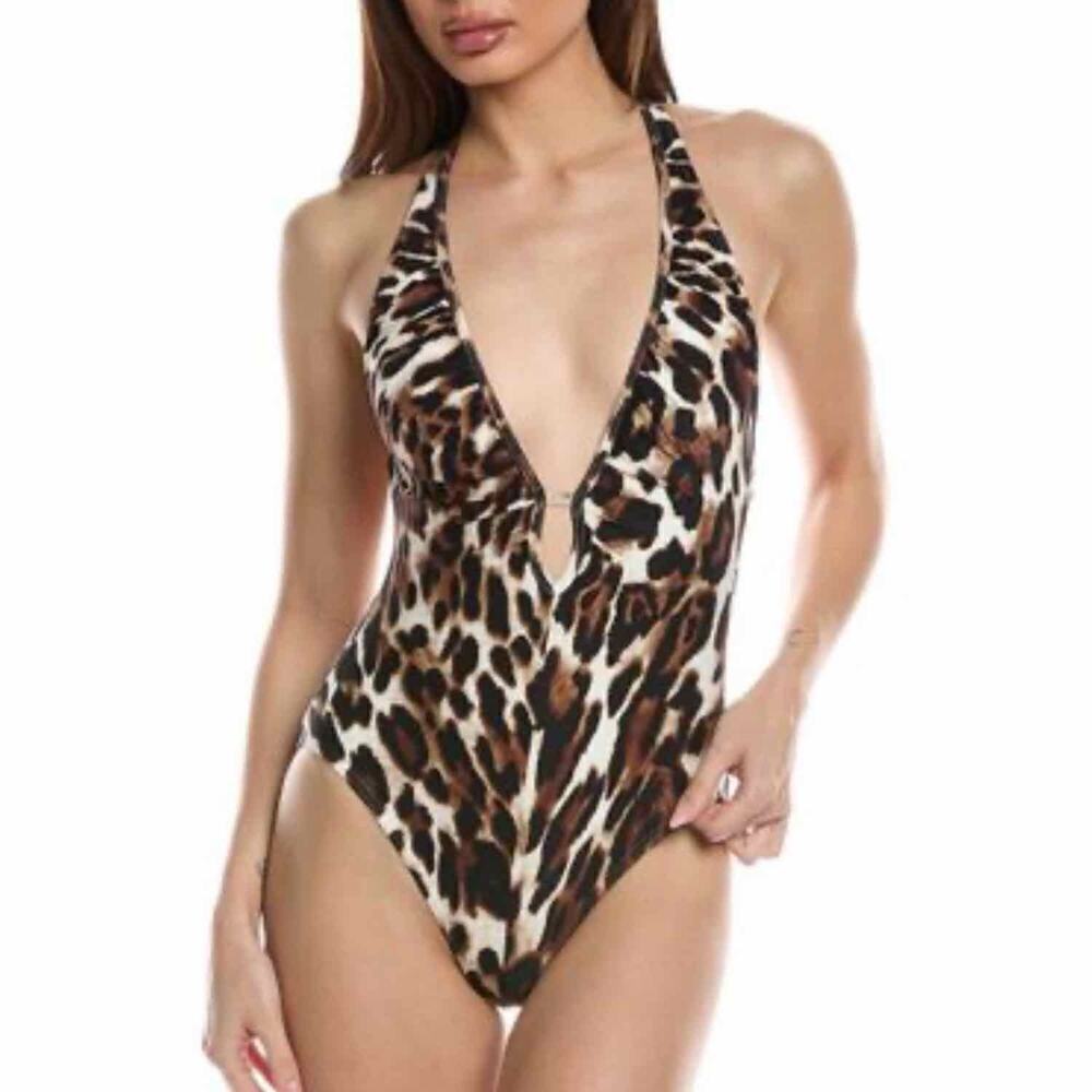 Vince Camuto Leopard Print Plunge Halter One-Piece Swimsuit - Picture 3 of 11